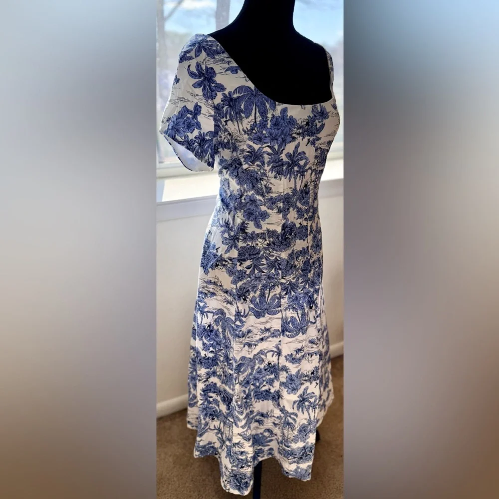 Joie Blue and White Toile print preppy midi dress Cottagecore zip back XL EUC - Picture 5 of 17